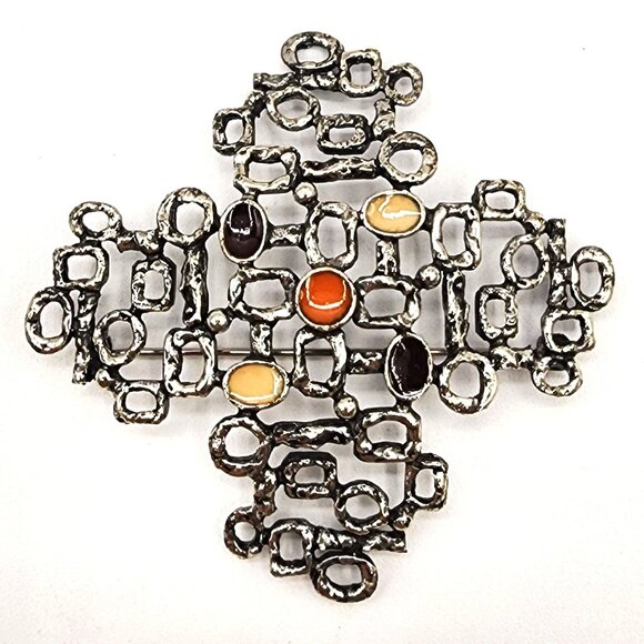 FLORENZA SIGNED COSTUME SILVER TONE MCM ENAMEL ABSTRACT ART BROOCH Vintage 1960s